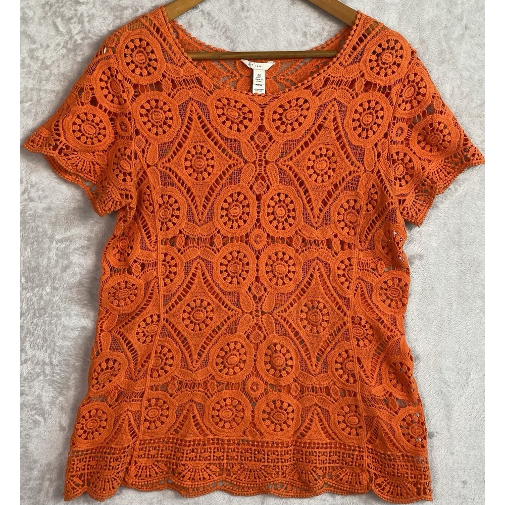 Boho Women's Lace Top Orange Festival Blouse Women Medium Eyelet Fall Knitted